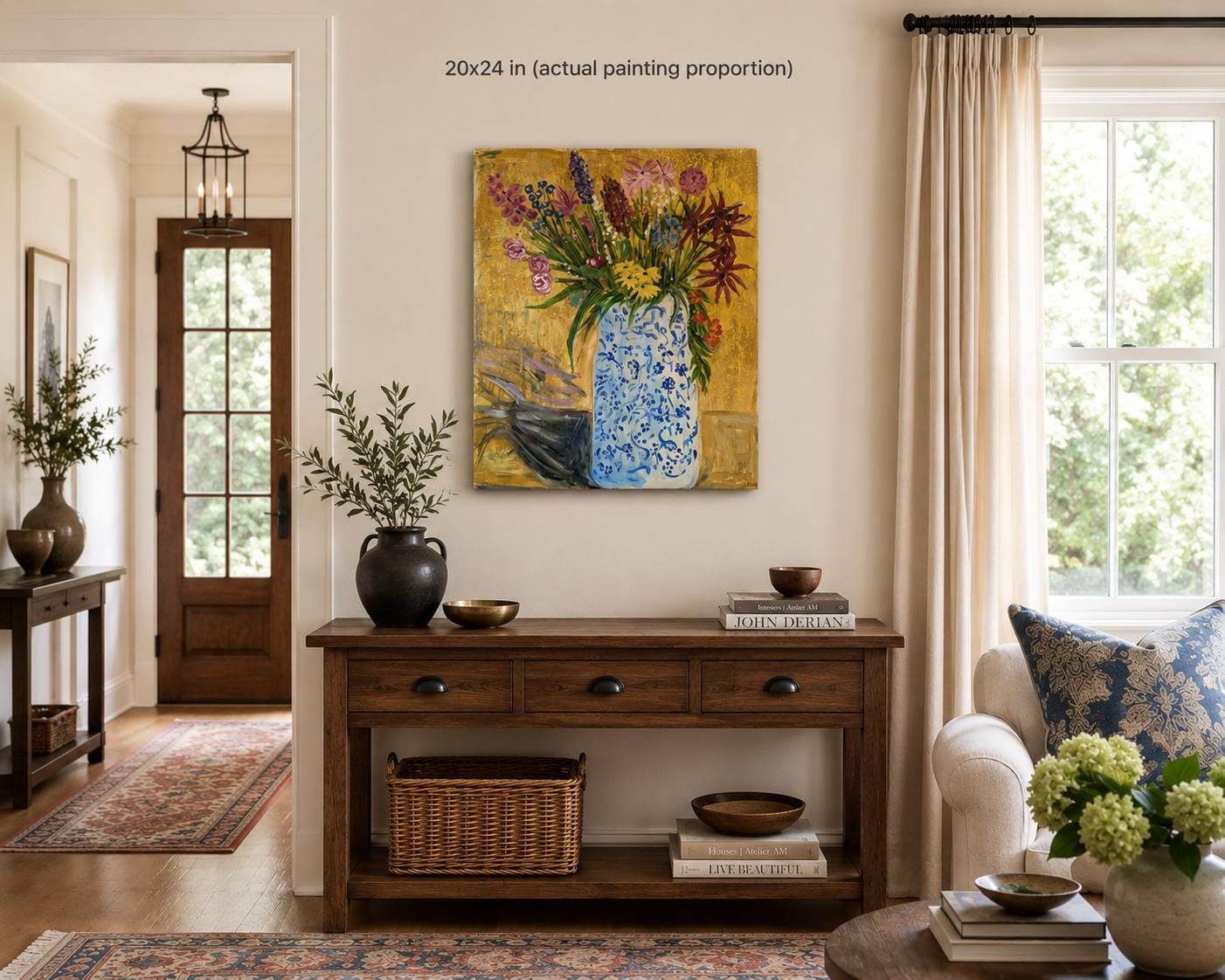 Original Acrylic Painting, Blue and White Vase, Floral Still Life (20x24 inches)