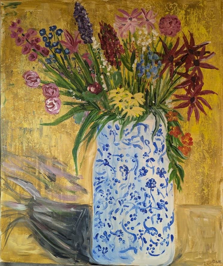 Original Acrylic Painting, Blue and White Vase, Floral Still Life (20x24 inches), detail 2