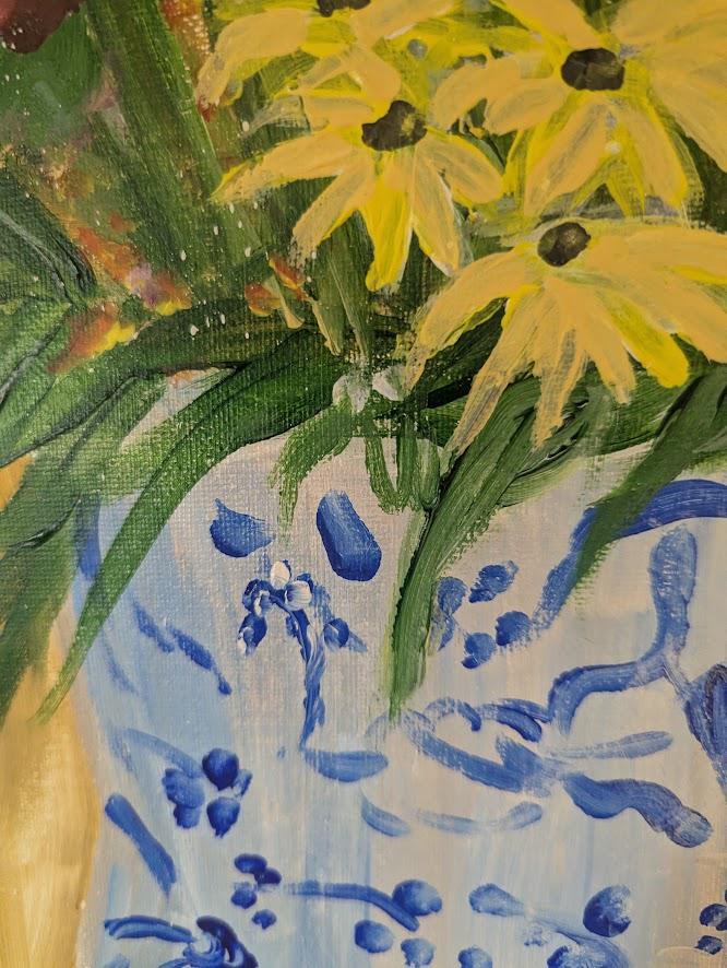 Original Acrylic Painting, Blue and White Vase, Floral Still Life (20x24 inches), detail 4