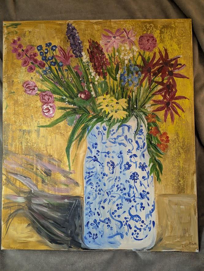 Original Acrylic Painting, Blue and White Vase, Floral Still Life (20x24 inches), detail 7