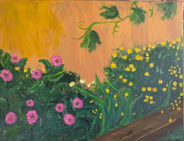 Back Garden - Pink and Yellow Garden Original Acrylic Painting , Colorful Floral Art