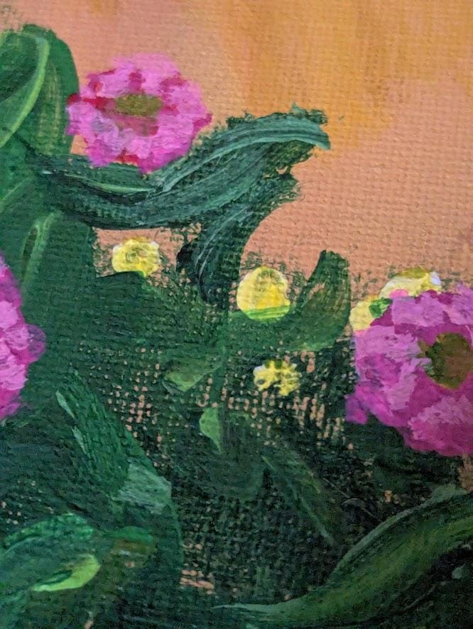 Back Garden - Pink and Yellow Garden Original Acrylic Painting , Colorful Floral Art, detail 4