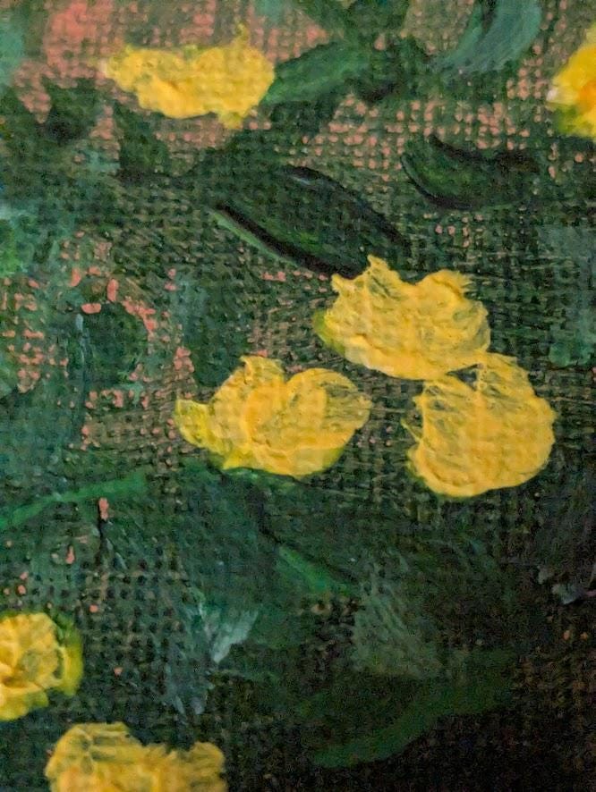 Back Garden - Pink and Yellow Garden Original Acrylic Painting , Colorful Floral Art, detail 5