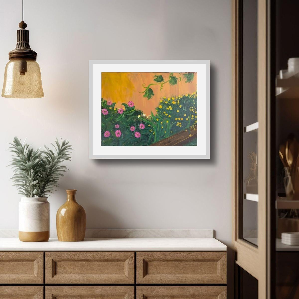 Back Garden - Pink and Yellow Garden Original Acrylic Painting , Colorful Floral Art, detail 8