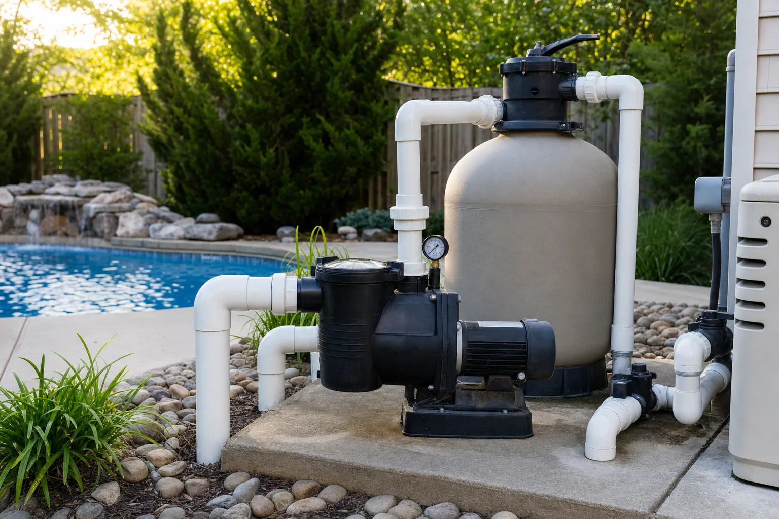 Residential pool pump, filter tank, pressure gauge, and return-line plumbing