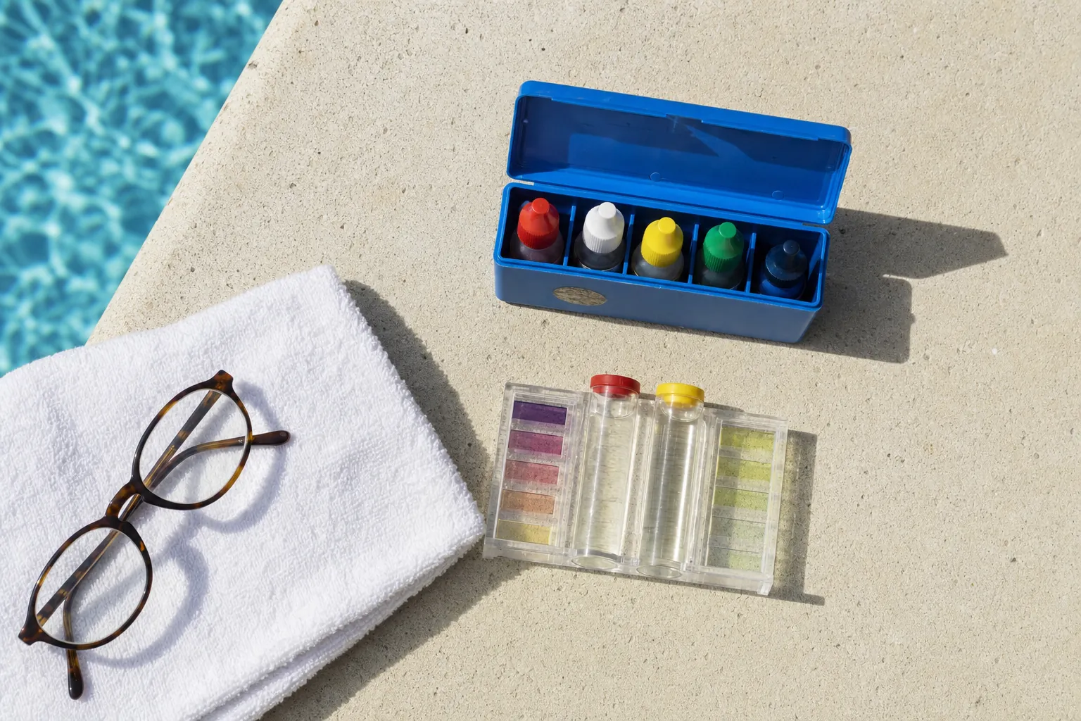 Overhead view of a pool test kit, sample cells, towel, and glasses beside pool water