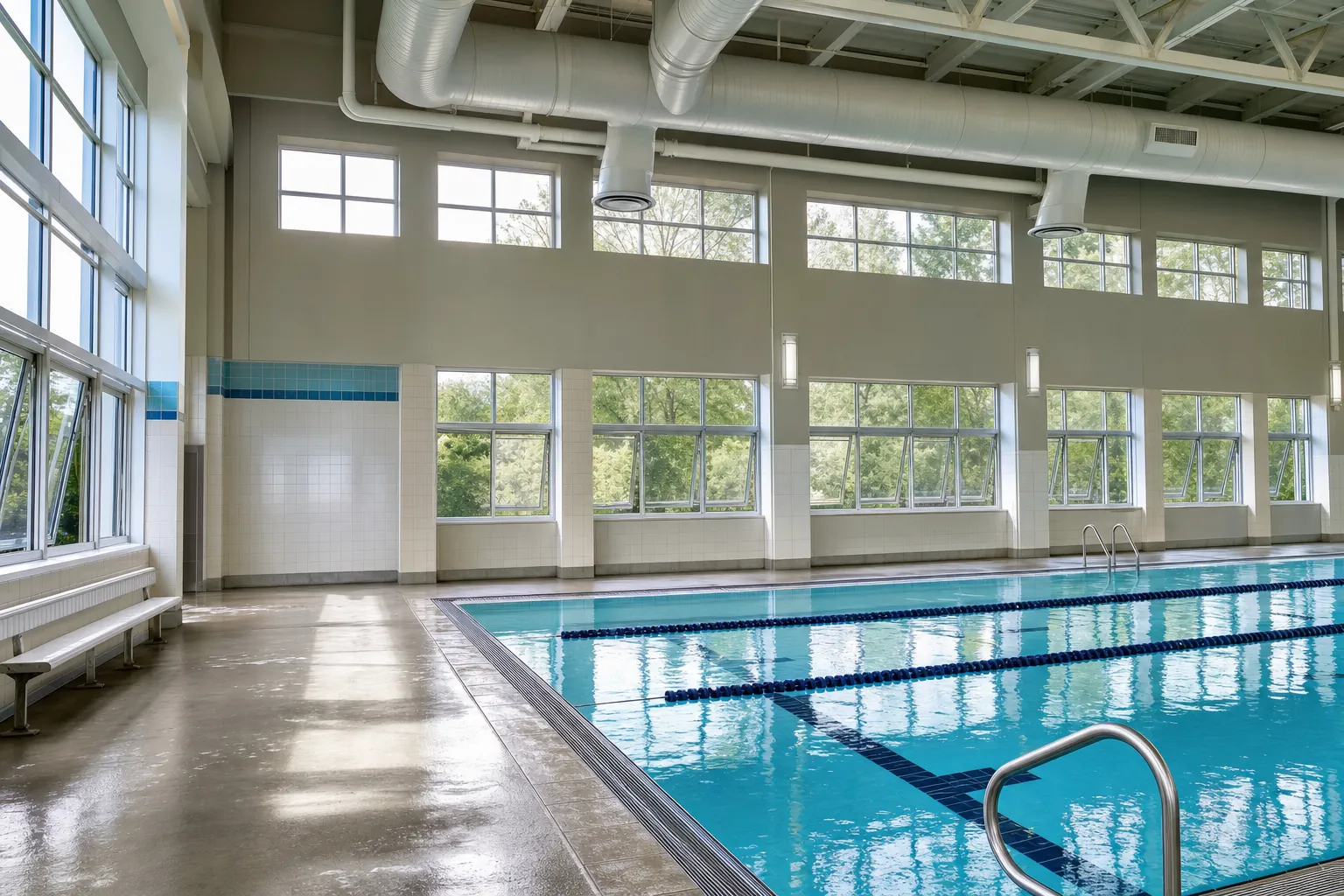 Bright indoor swimming pool with open windows and visible ventilation ducts