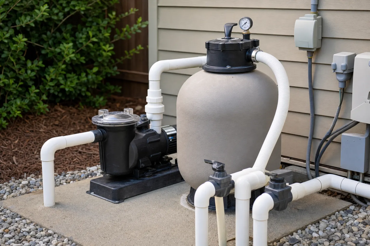 Residential pool pump, filter, pressure gauge, and return plumbing
