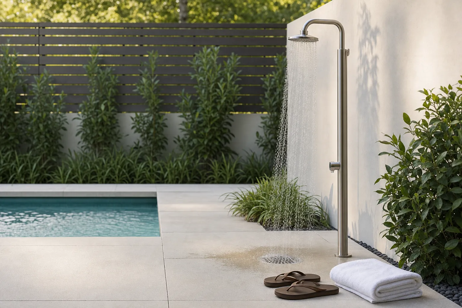 Outdoor poolside shower running beside a clean residential pool deck