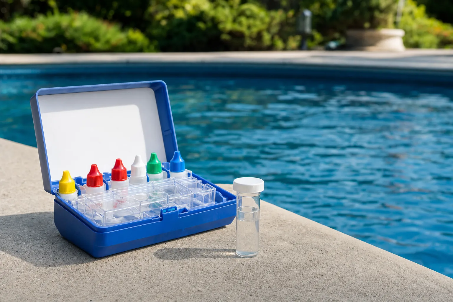 Unbranded pool water test kit and sample vial beside a clear residential pool