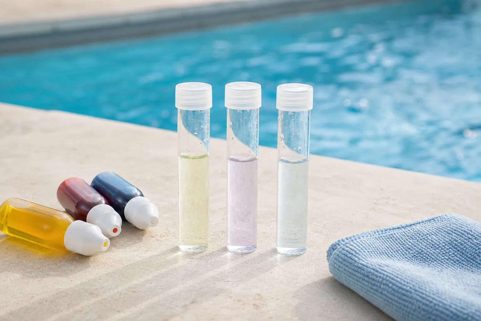 Three pool water sample tubes beside a clear swimming pool