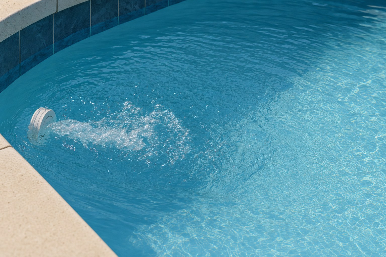 Pool return jet moving clear water across the surface of a residential pool