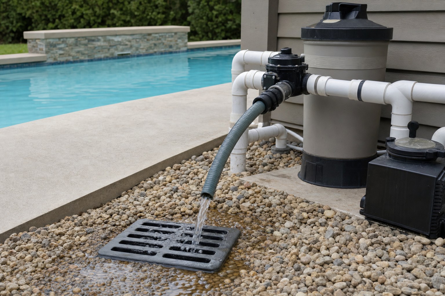 Pool equipment and hose draining water safely beside a residential pool