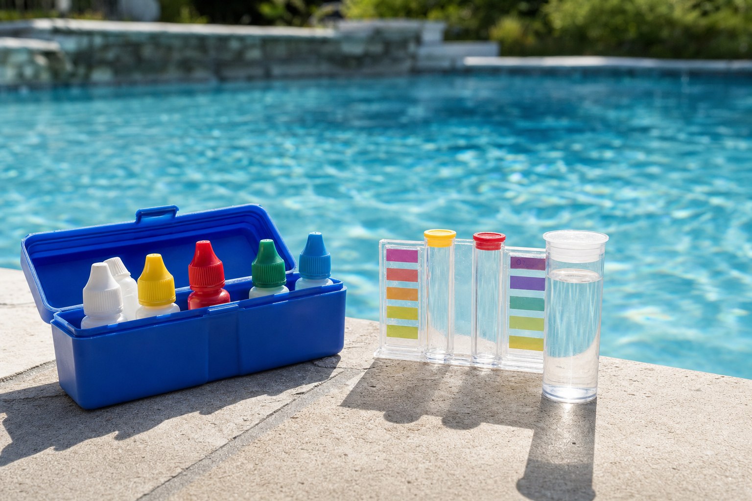 Unbranded pool water test kit beside a clear backyard pool