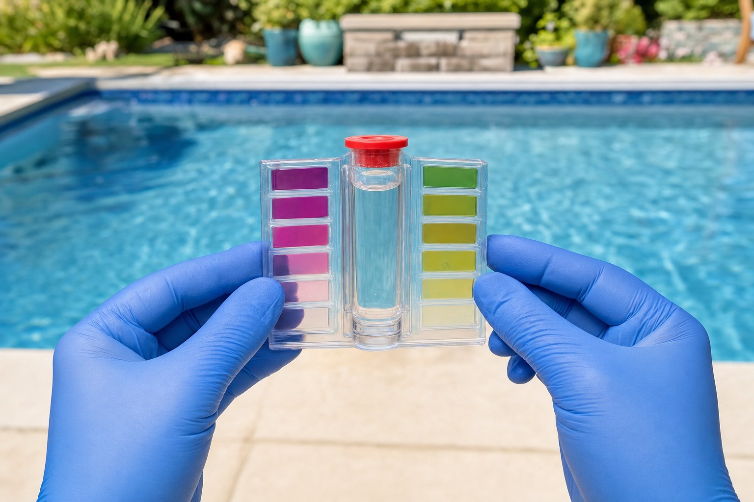 Gloved hands holding an unbranded pool-water test kit in front of a backyard pool