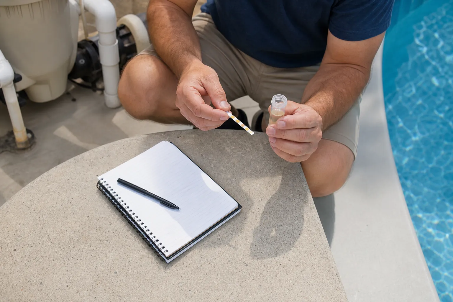 Pool owner testing a water sample beside pool equipment