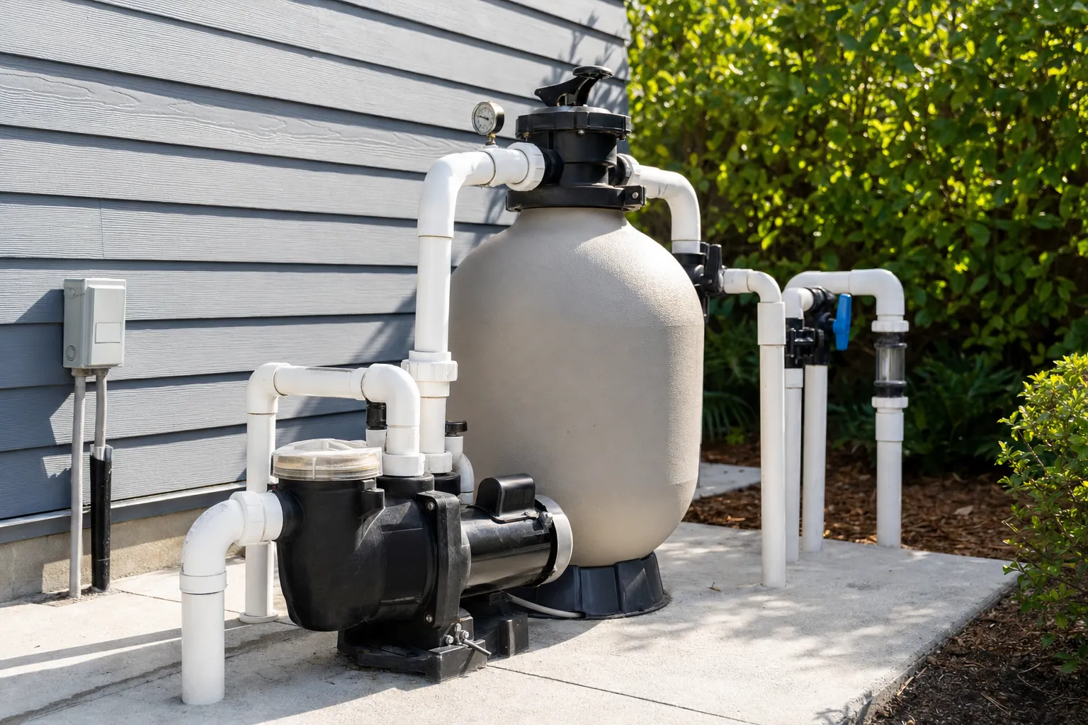Residential pool pump, filter tank, pressure gauge, and return plumbing