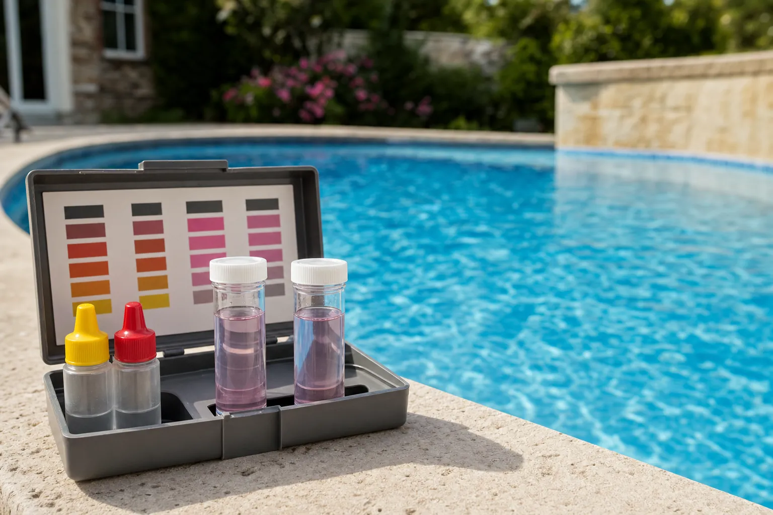 Pool water test kit and sample vials beside a clear backyard pool