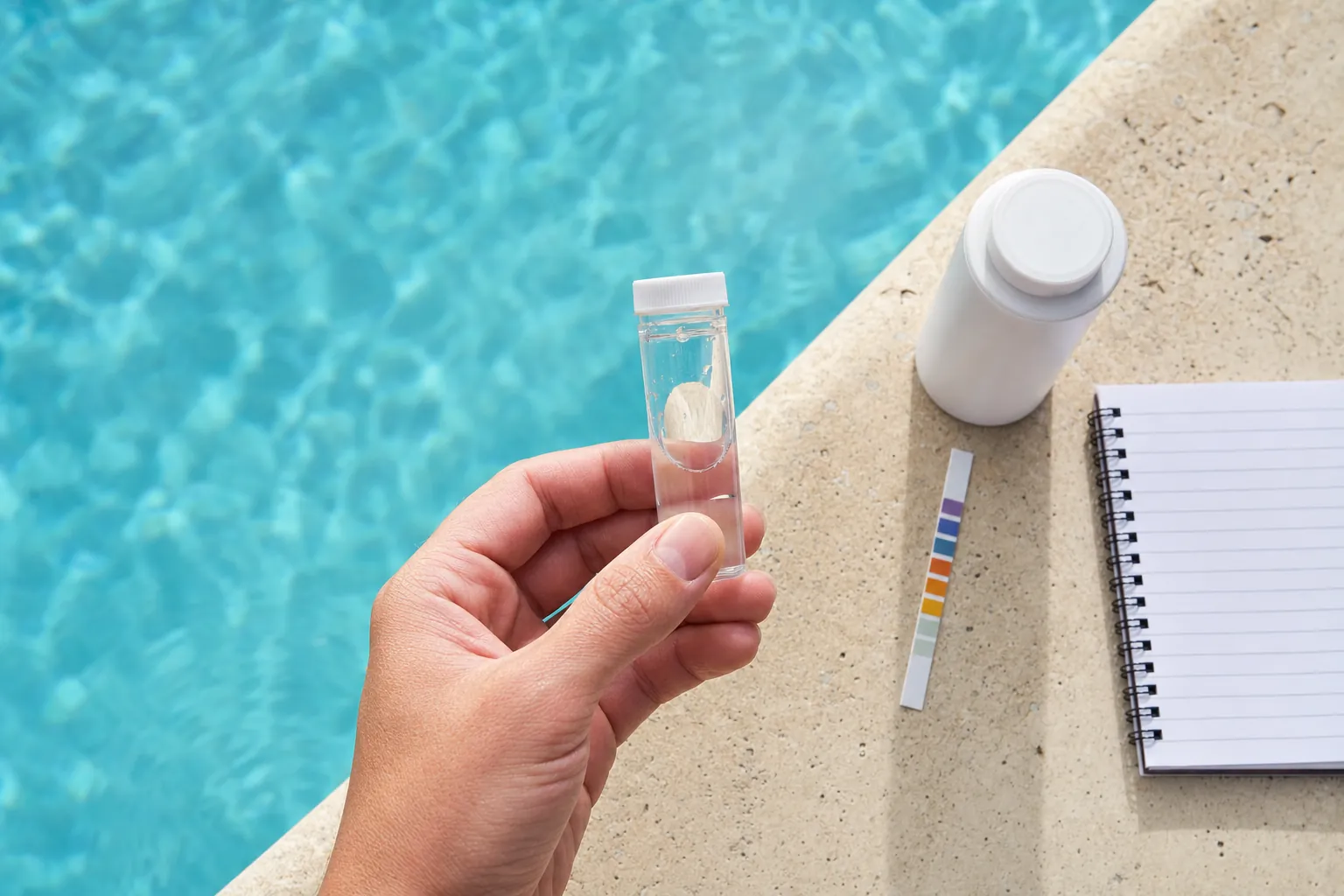 Pool owner holding a water sample vial beside a test strip and clear pool water