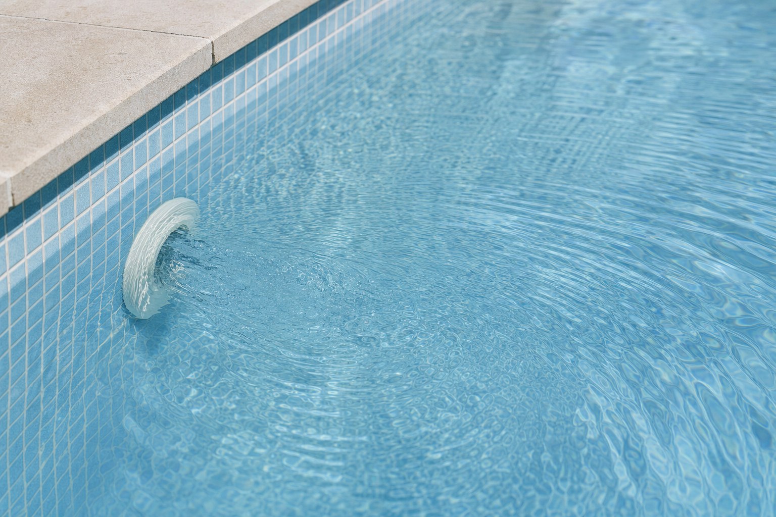 Clear water moving from a residential pool return jet
