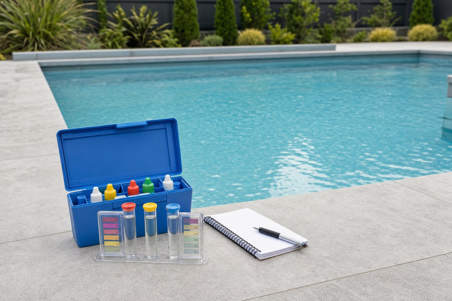 Pool water test kit and clear sample tubes beside a clean backyard pool