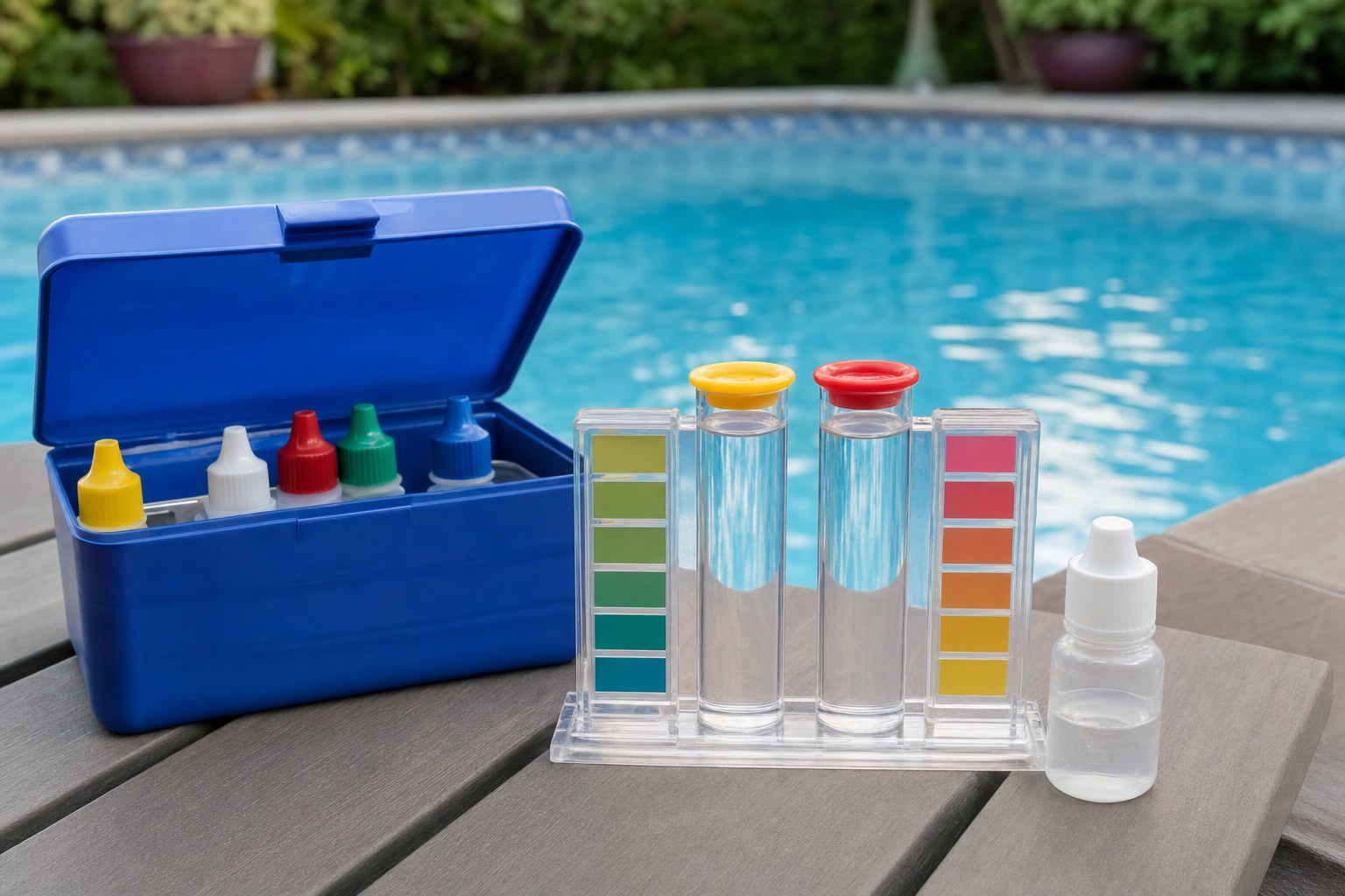 Unbranded pool-water comparison tubes and drop-test kit beside a backyard pool