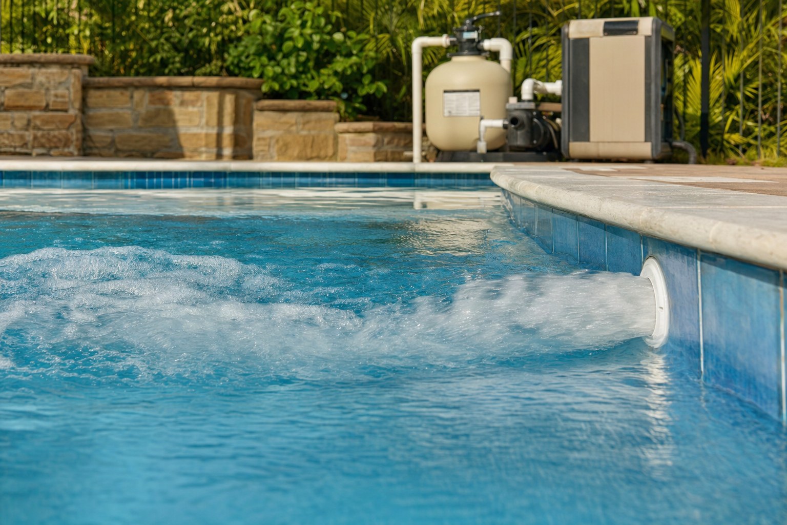 Clear water moving from a return jet into a residential swimming pool