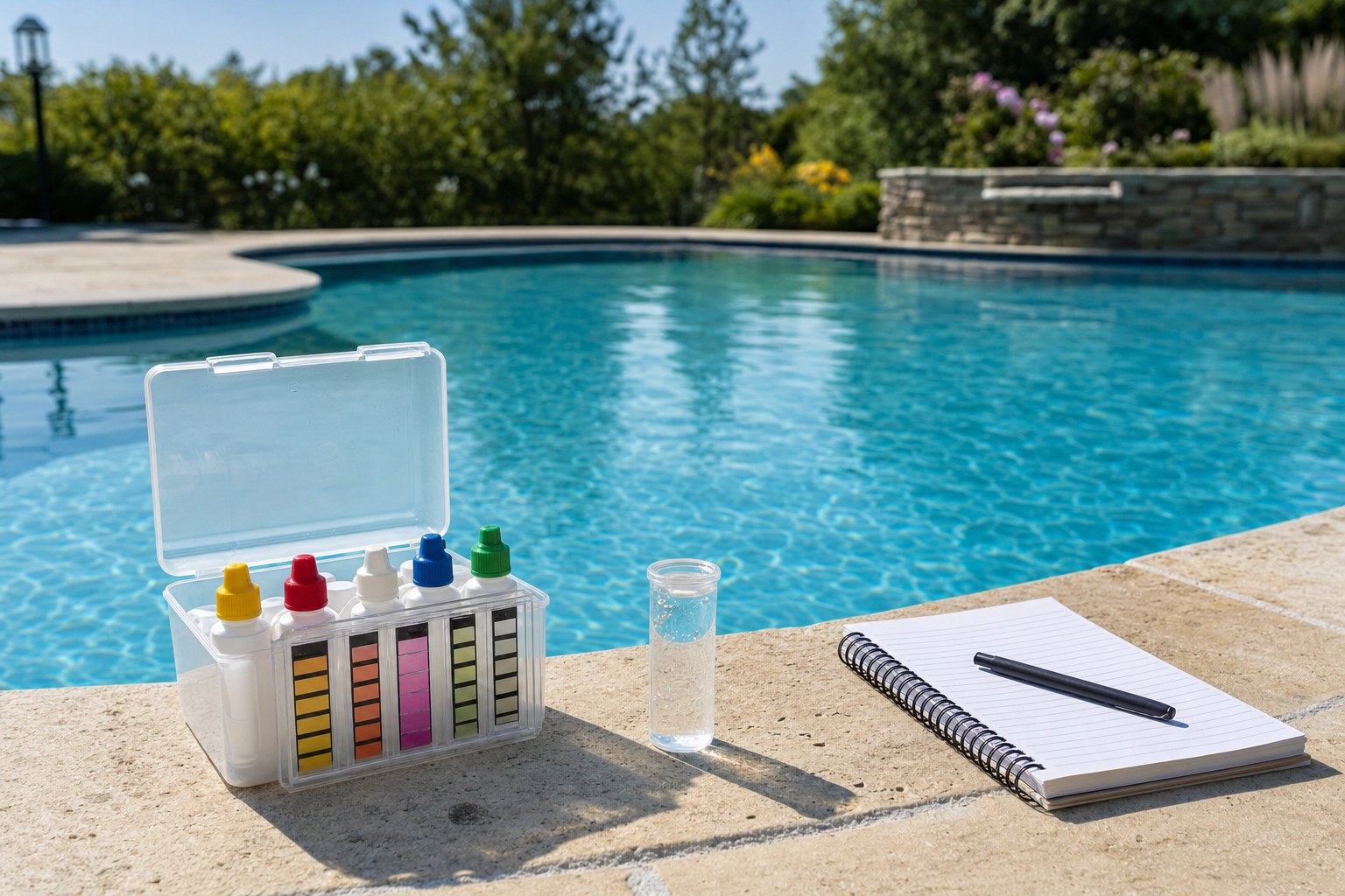 Pool water test kit, sample vial, and notebook beside clear backyard pool water