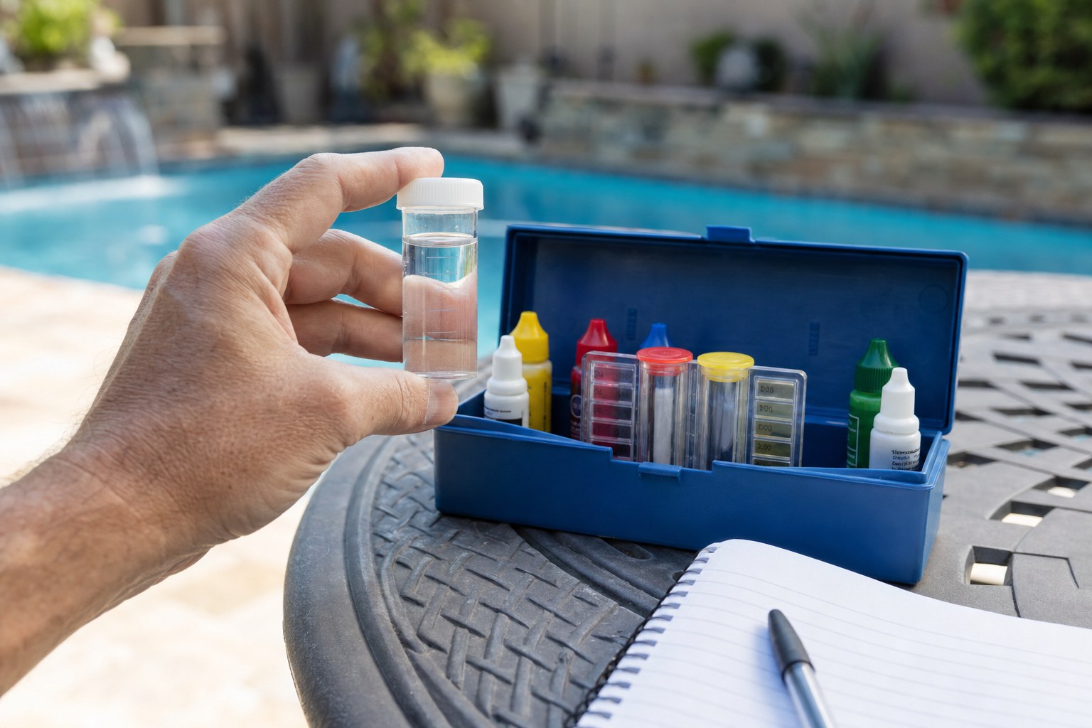 Pool owner checking a clear water sample with a test kit beside a backyard pool