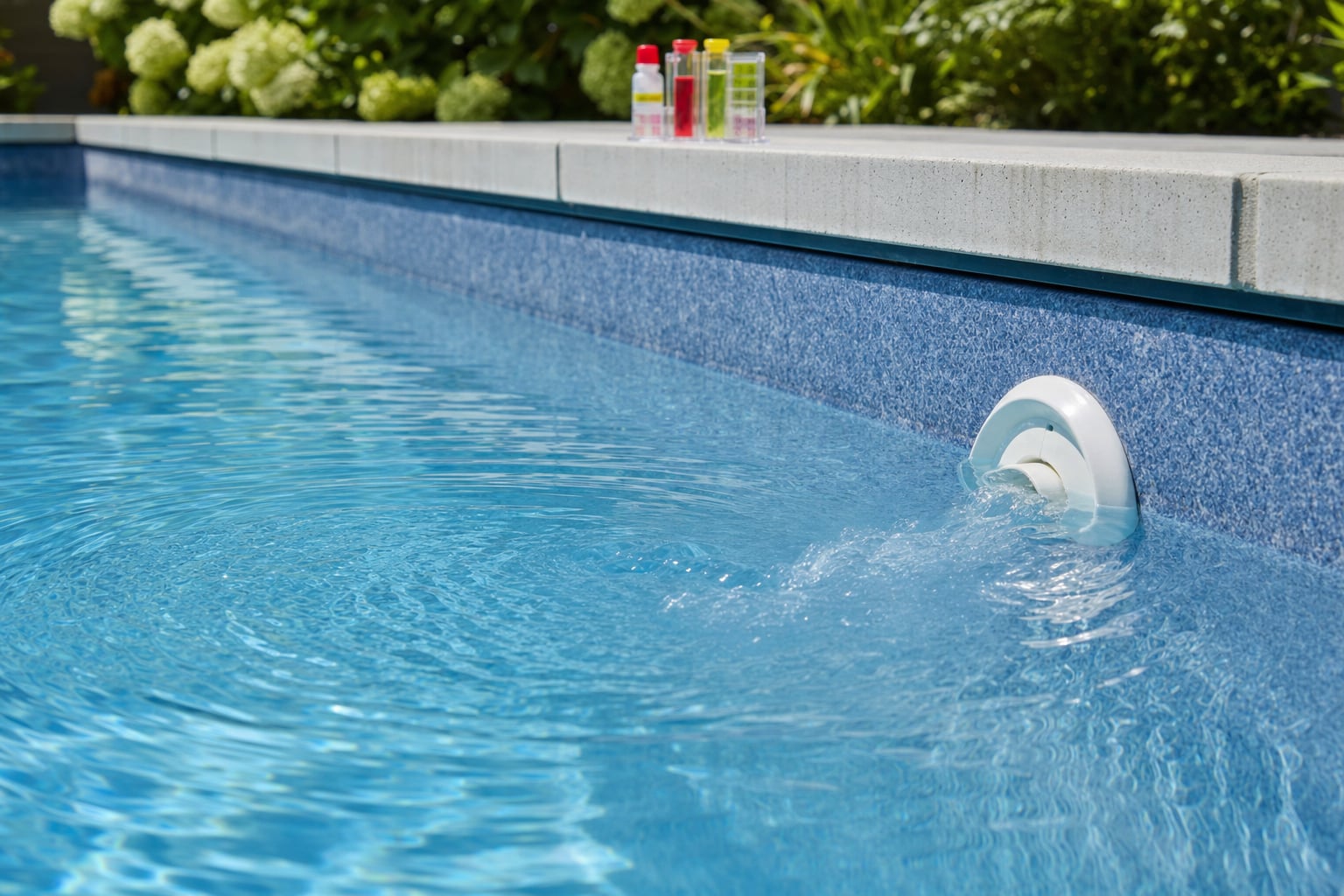 Pool return jet circulating clear water in a residential swimming pool