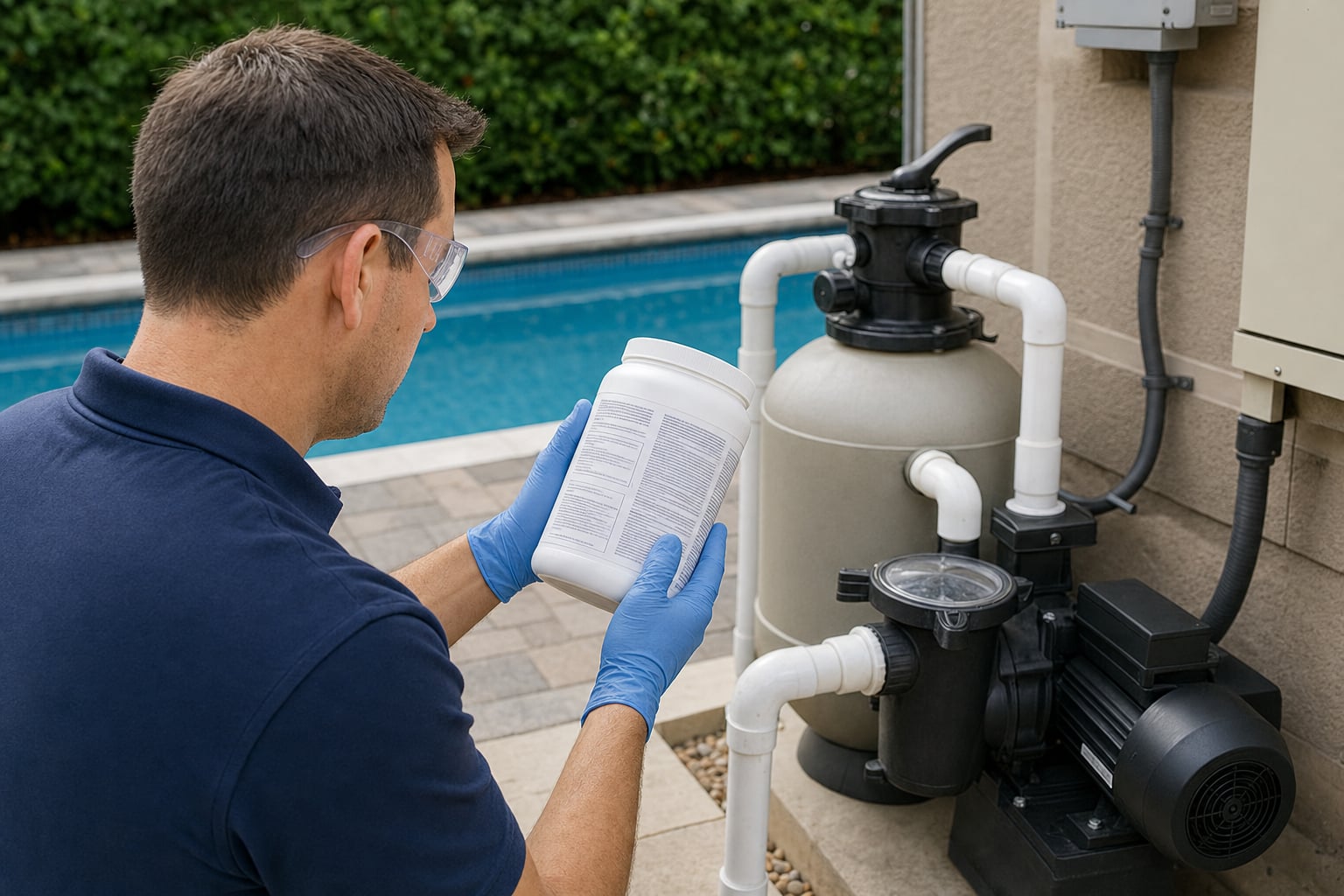 Pool owner wearing safety glasses and gloves while reading a pool chemical label near a filter and pump