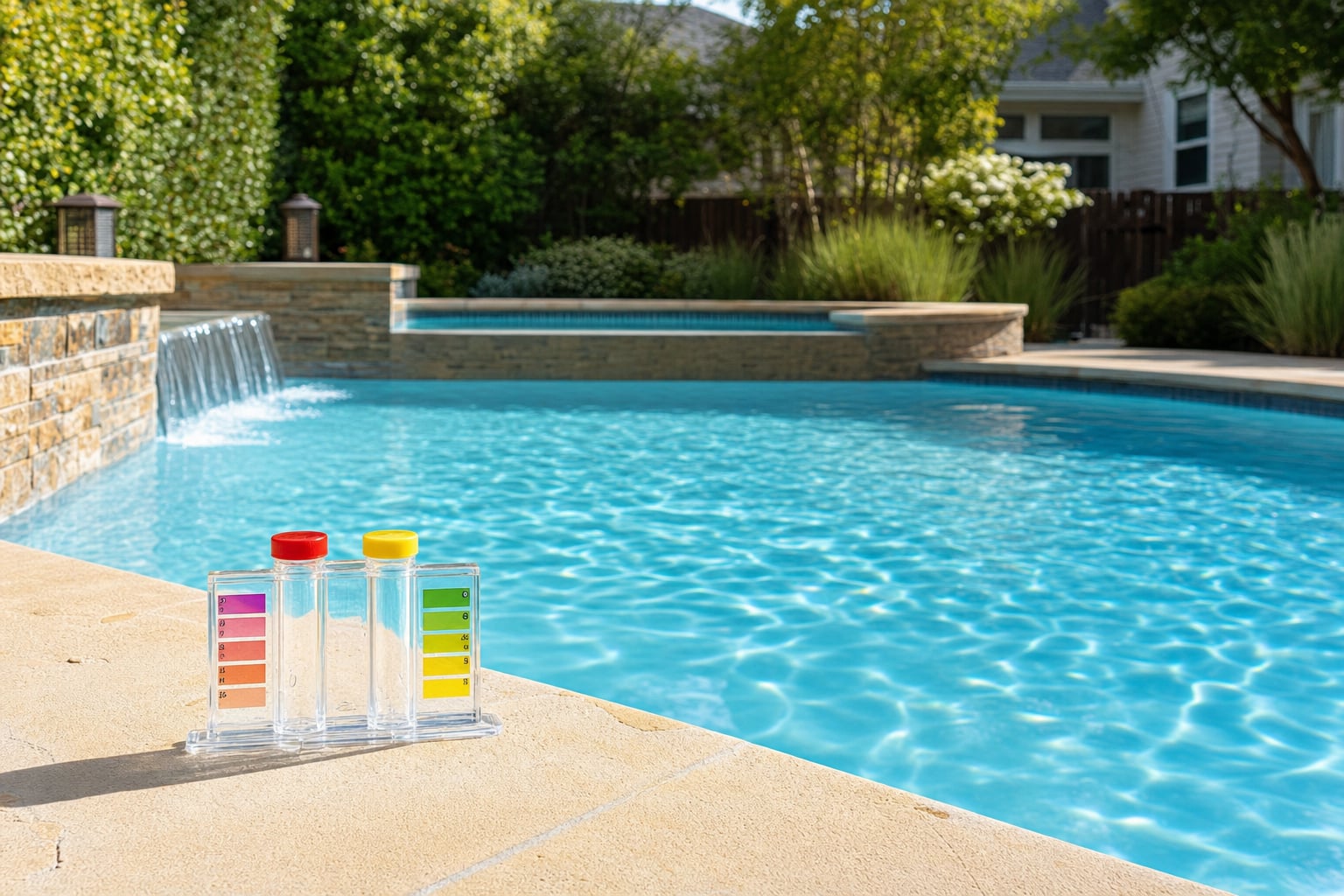 Pool water test kit on the edge of a clear residential swimming pool