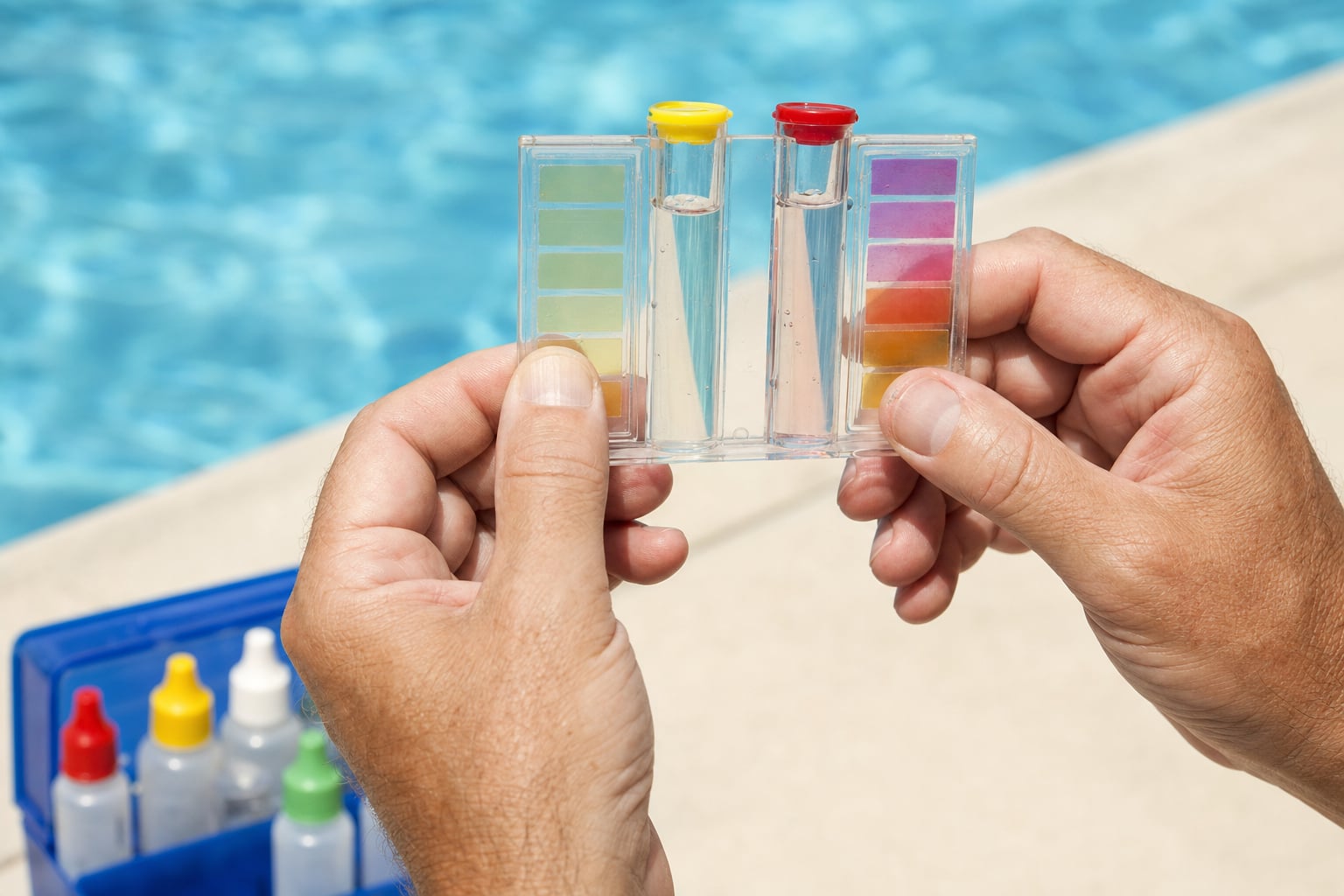 Pool owner comparing a water sample against a color test kit beside clear pool water