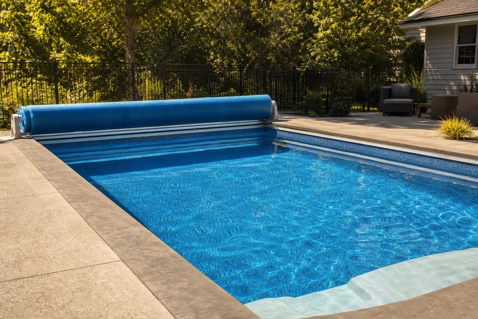 Residential pool cover rolled open so sunlight reaches the water