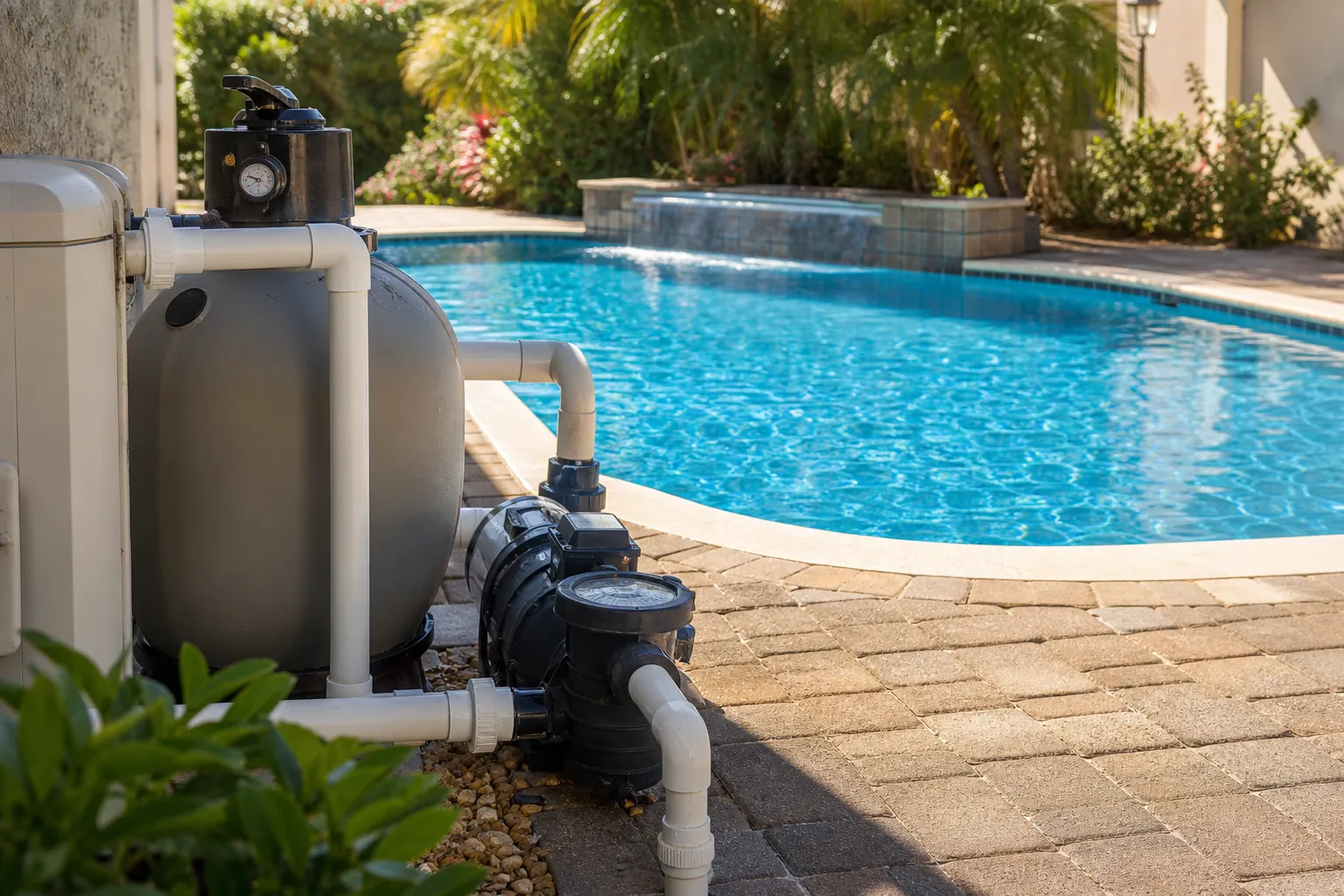 Residential pool pump and filter equipment beside clear pool water