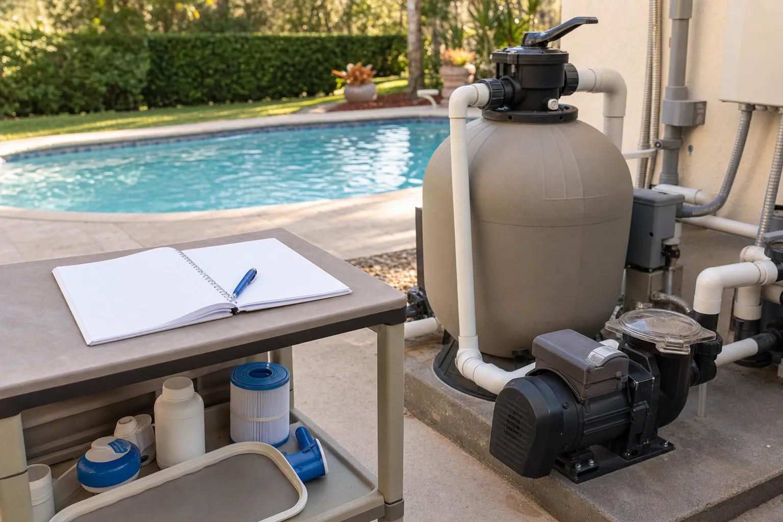 Residential pool filter and pump equipment beside maintenance planning tools