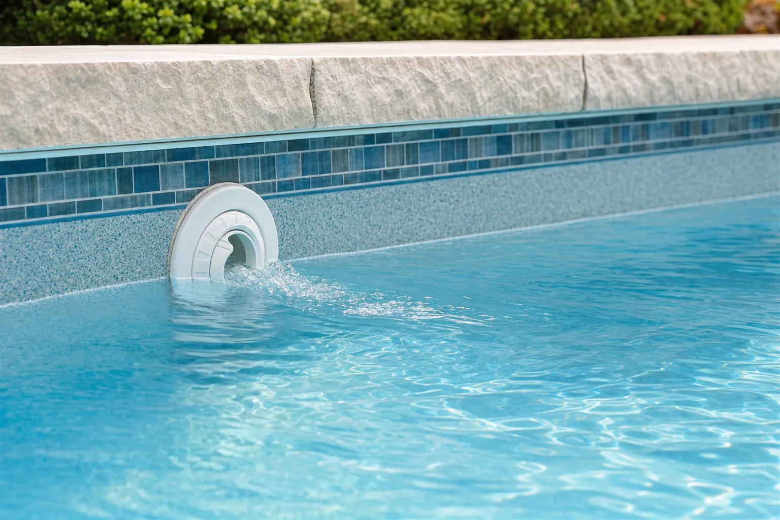 Clear water moving from a pool return jet into a residential swimming pool