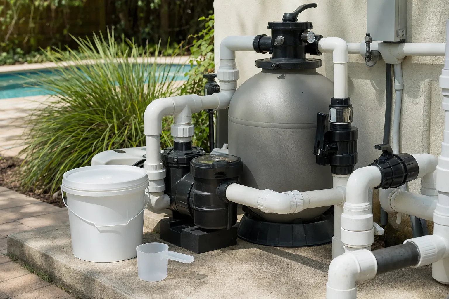 Residential pool pump, filter, plumbing, and a plain pool-care bucket
