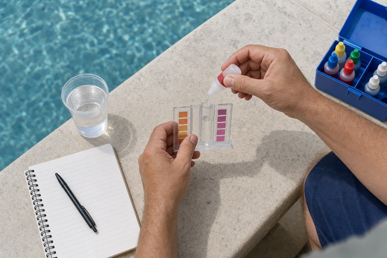 Pool owner adding a test reagent to a clear water sample beside the pool
