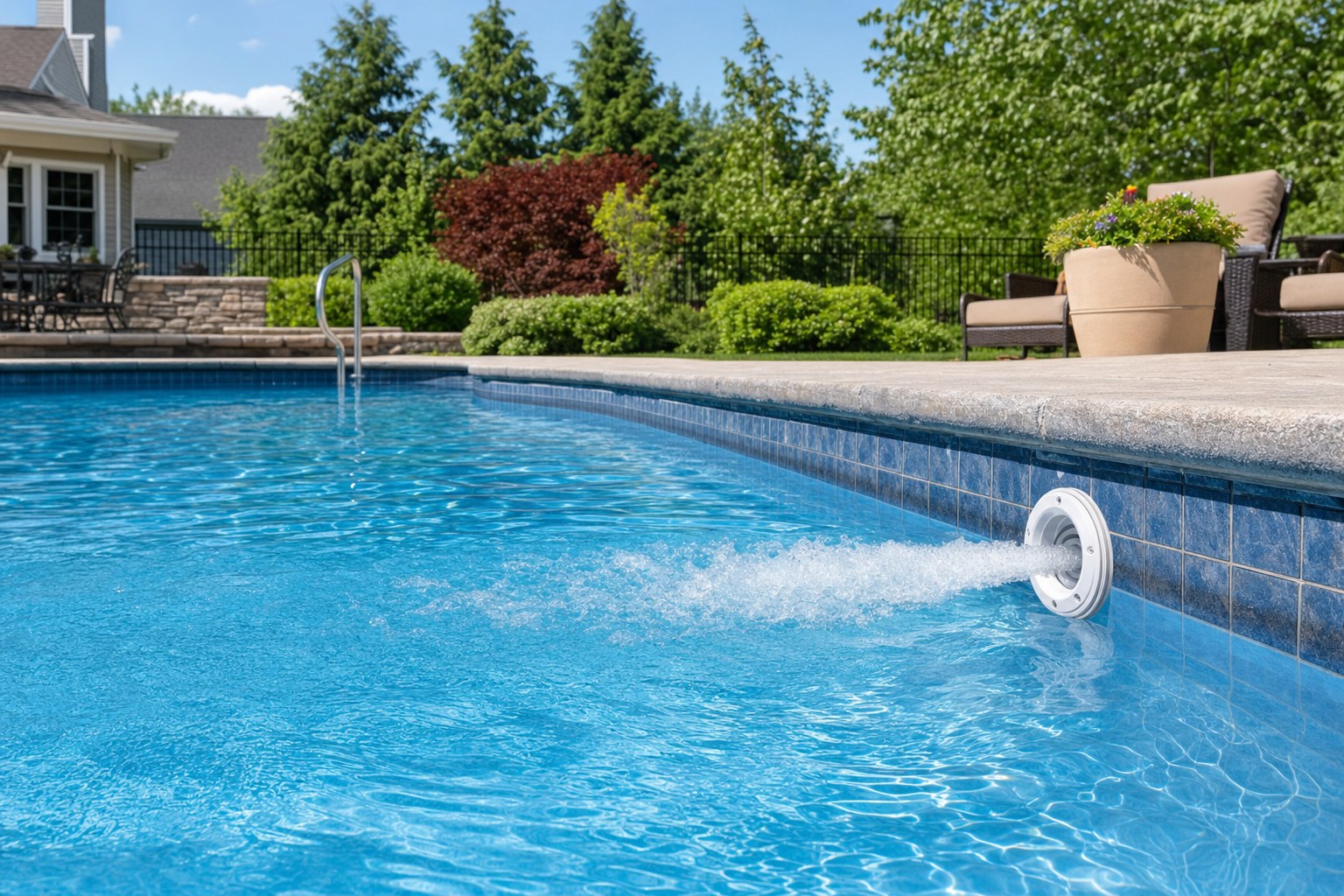 Pool return jet circulating clear water in a well-maintained residential pool