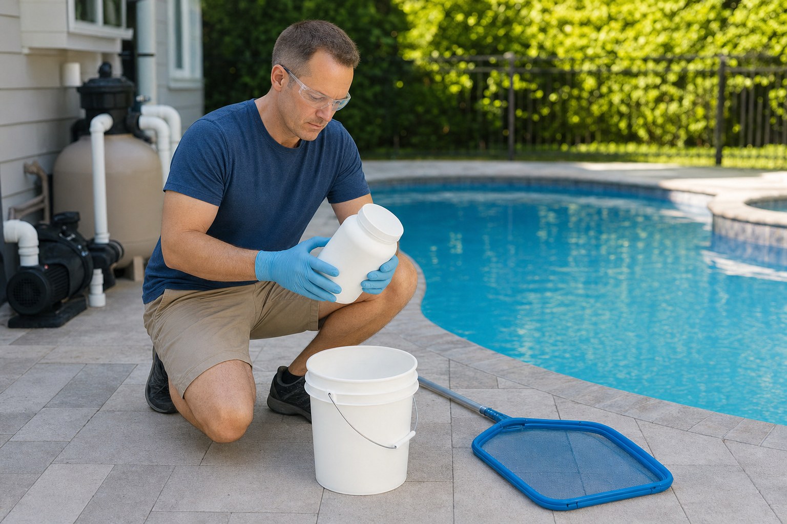 Pool owner reading an unbranded pool treatment label beside a filter and clear pool