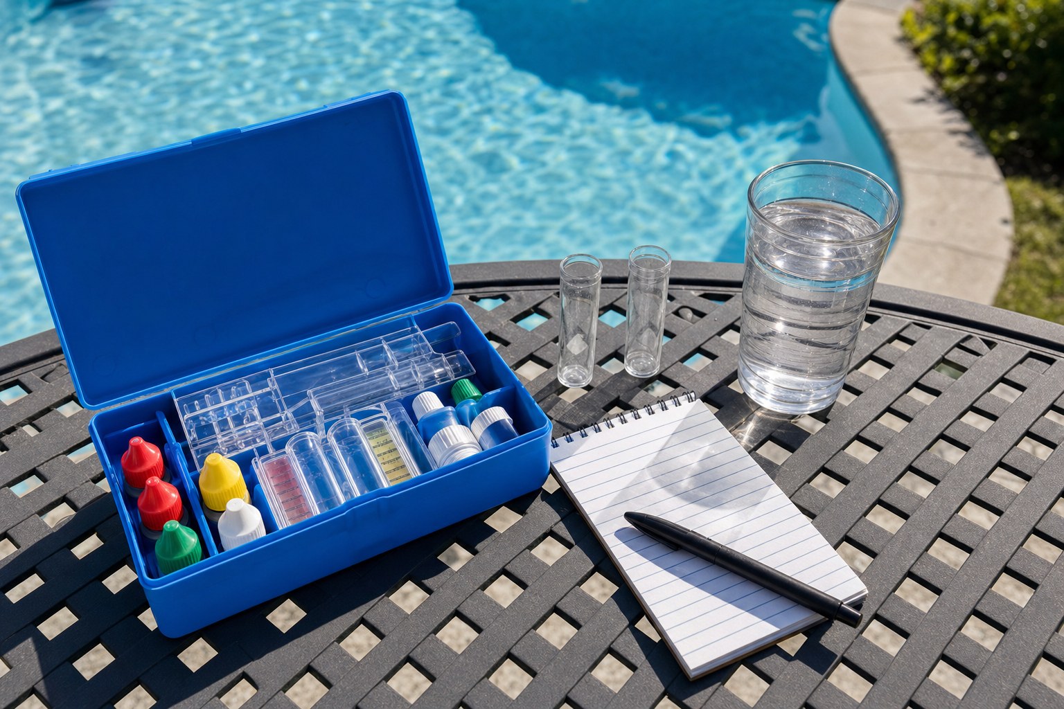 Pool test kit, sample tubes, and a maintenance note beside clear pool water