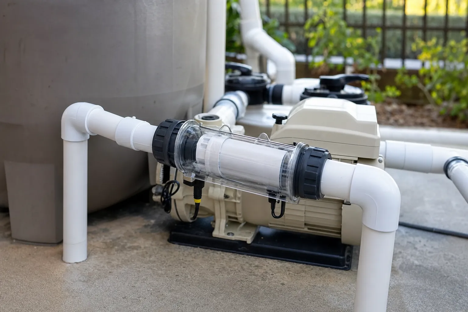 Generic salt chlorinator cell installed on residential pool plumbing after filtration