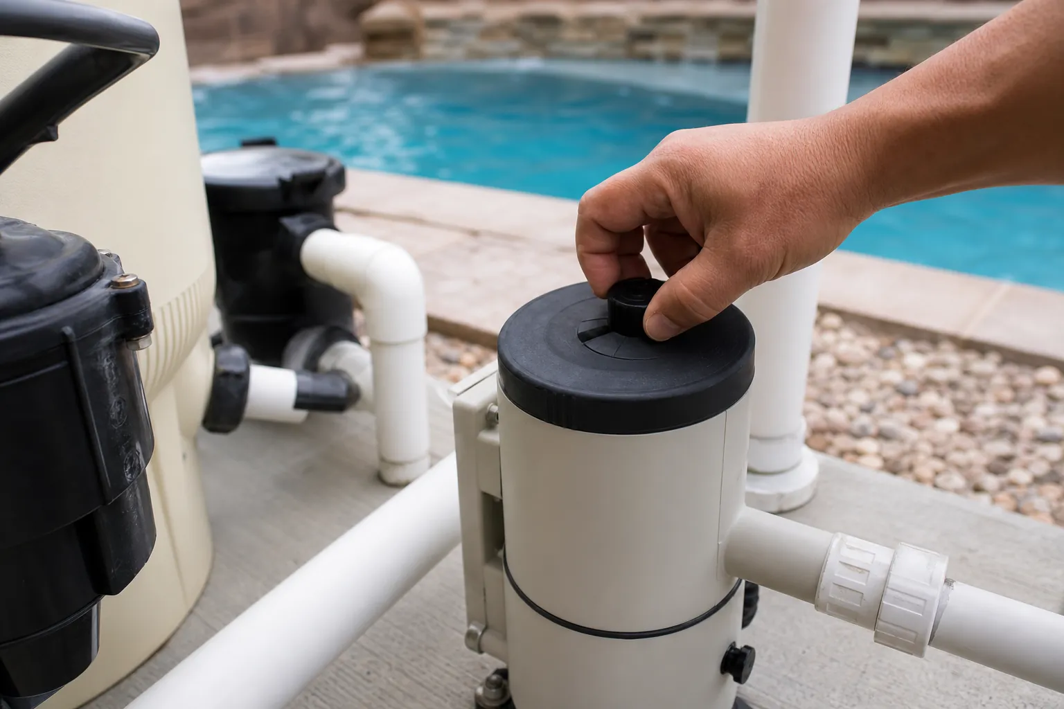 Hand adjusting pool equipment beside residential pool plumbing