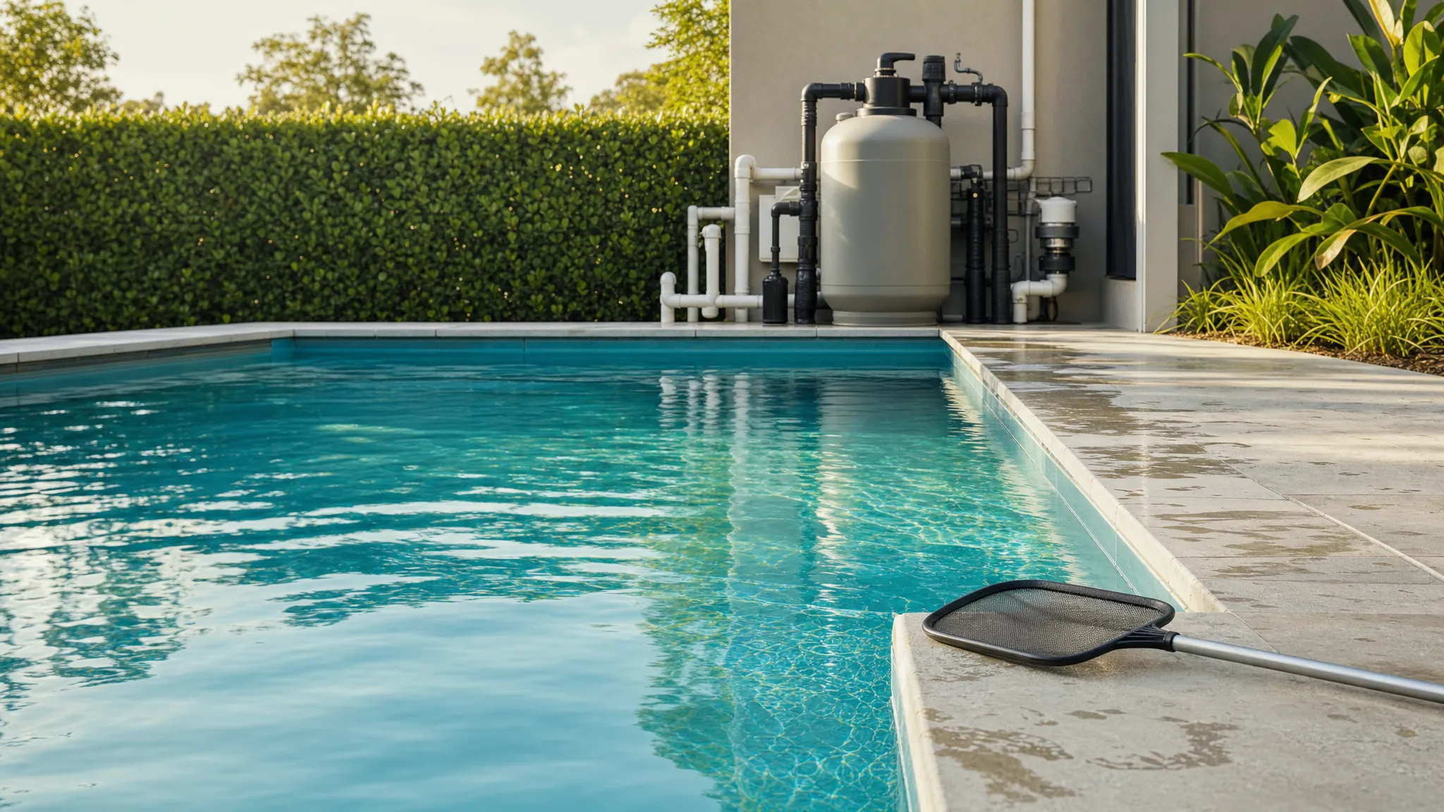Clear residential backyard pool beside filtration equipment