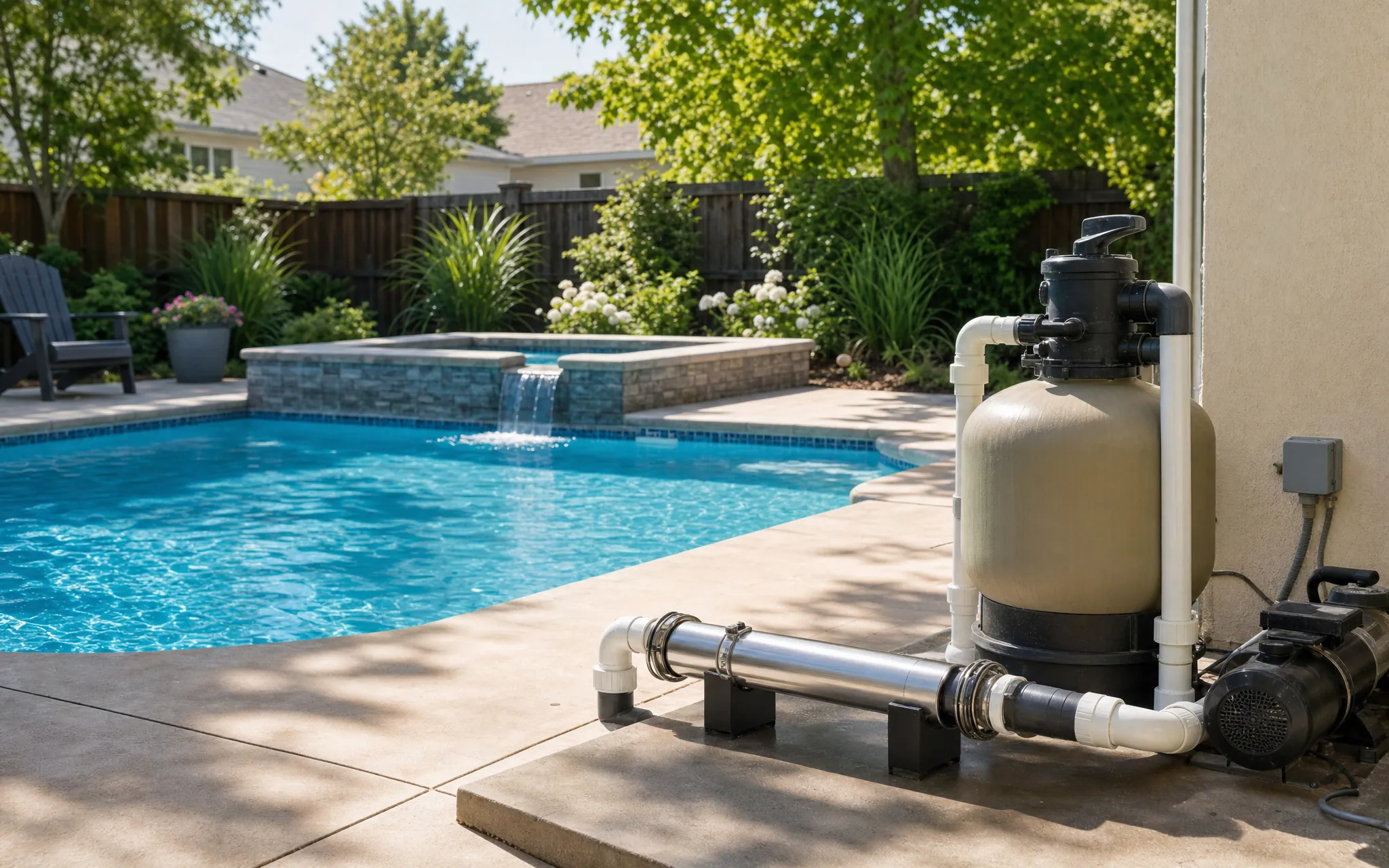 Residential pool filtration and return-line equipment beside clear pool water