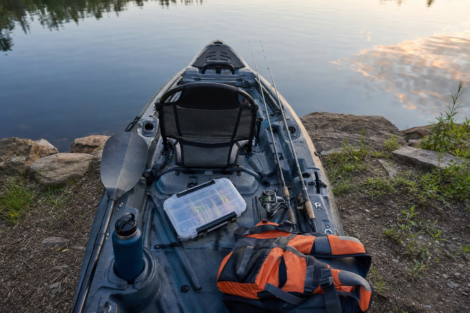 A tidy fishing kayak at a freshwater launch with a paddle, PFD, tackle box, and two rods