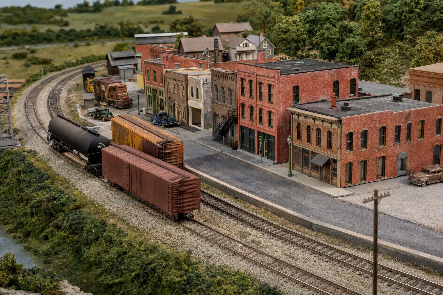 Handcrafted HO scale model railroad town with a curving track and freight siding