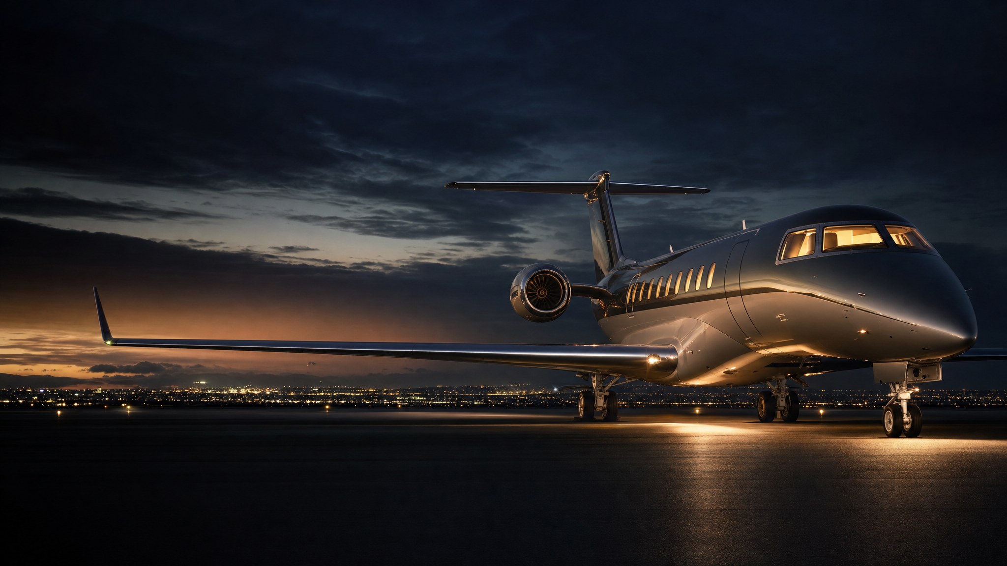 Private aircraft on a runway at dusk
