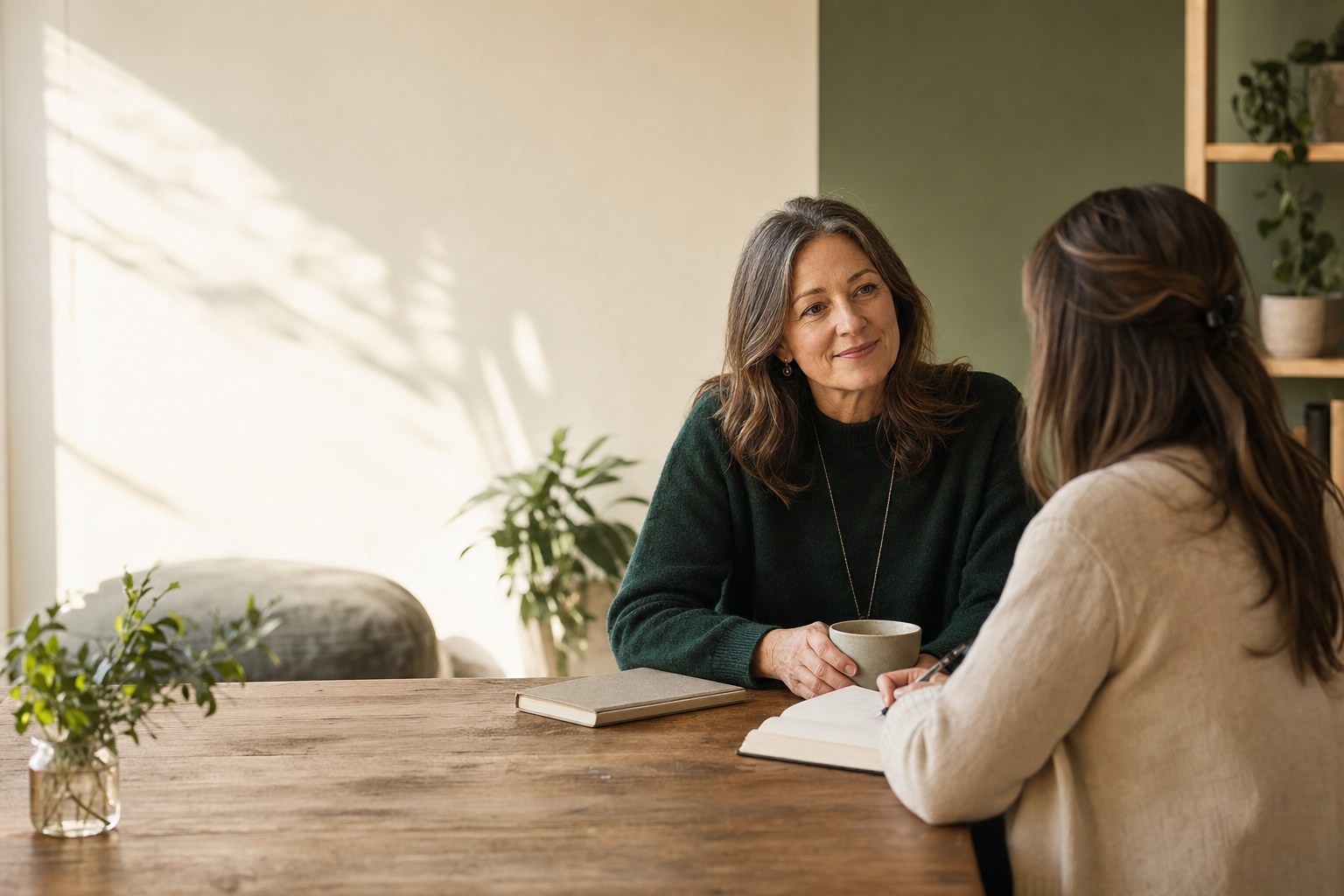 Coach and client in thoughtful conversation